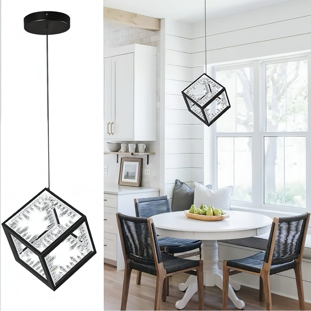 Modern Geometric Cube Pendant Light Black Crystal LED Chandelier Adjustable - Picture 2 of 6